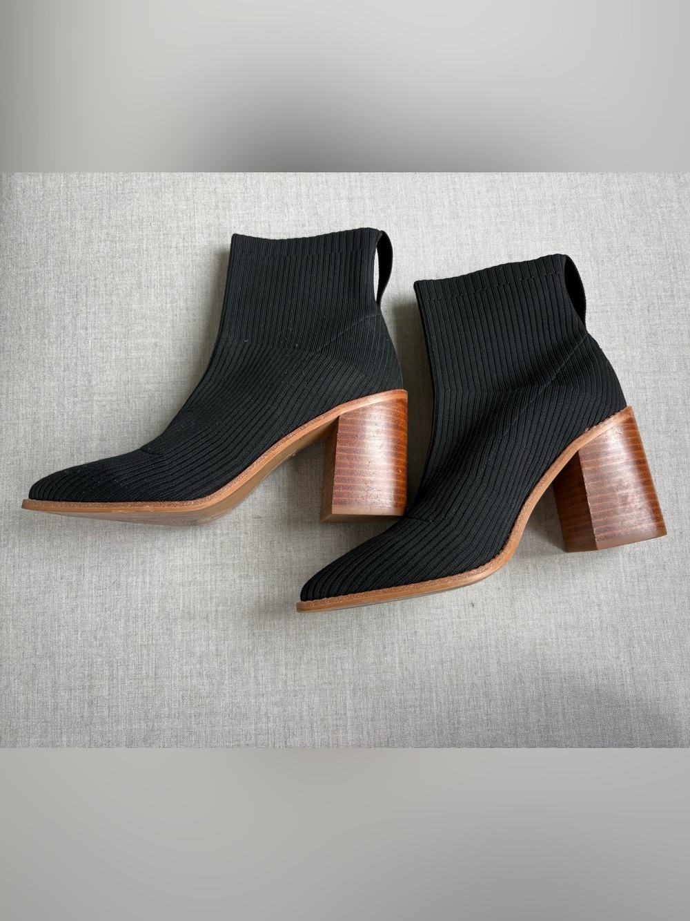 Steven Black Ribbed Sock Ankle Boots with Stacked Wood Block Heel